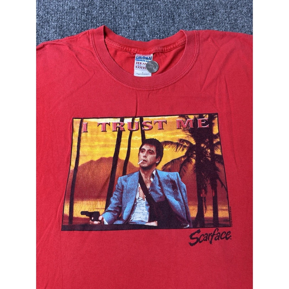 Mens Graphic Scarface‎ Tony Montana I Trust Me Red T Shirt, Size L - Picture 2 of 6